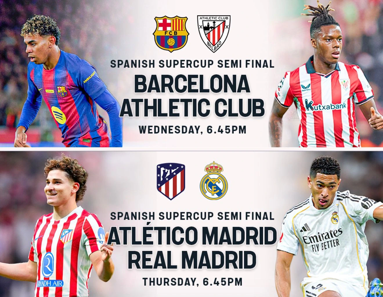 Supercopa de España 2026: Horarios, sedes y claves de las semifinales en Yeda